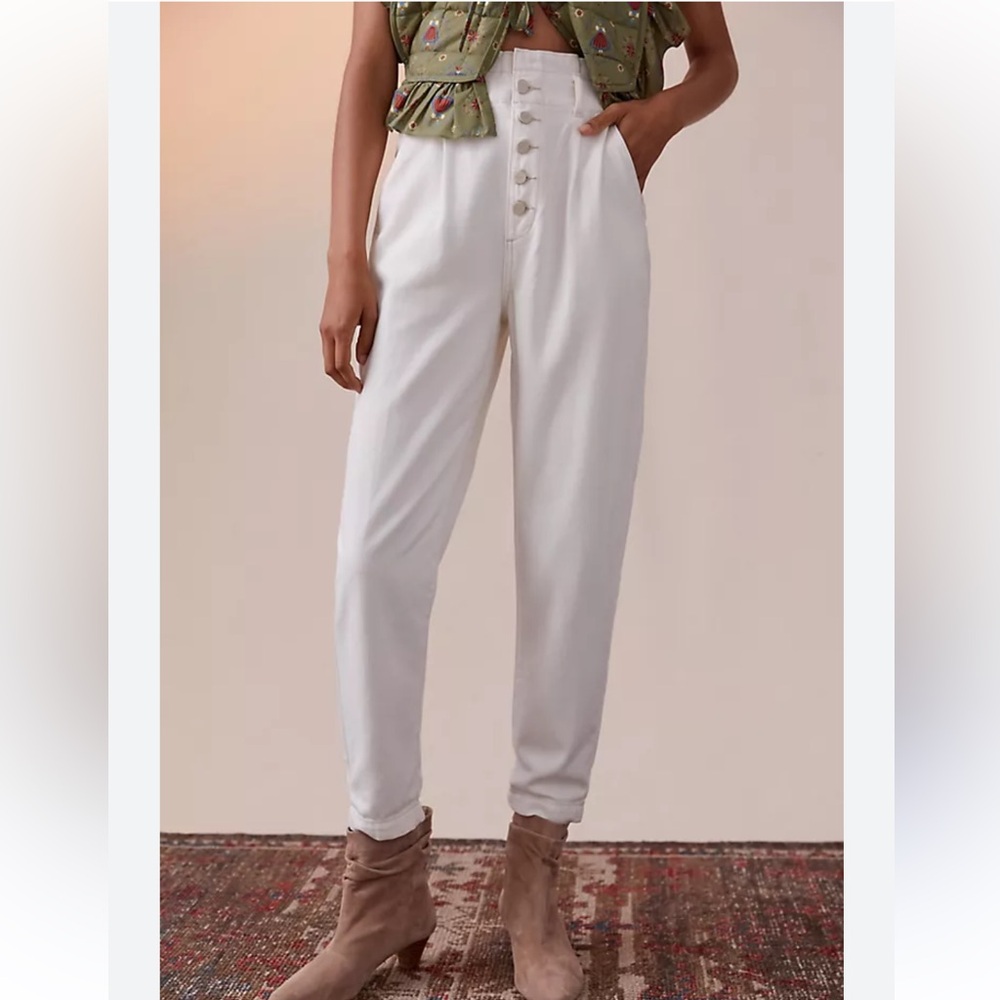 Paige Pleated paper waist tapered leg denim pants